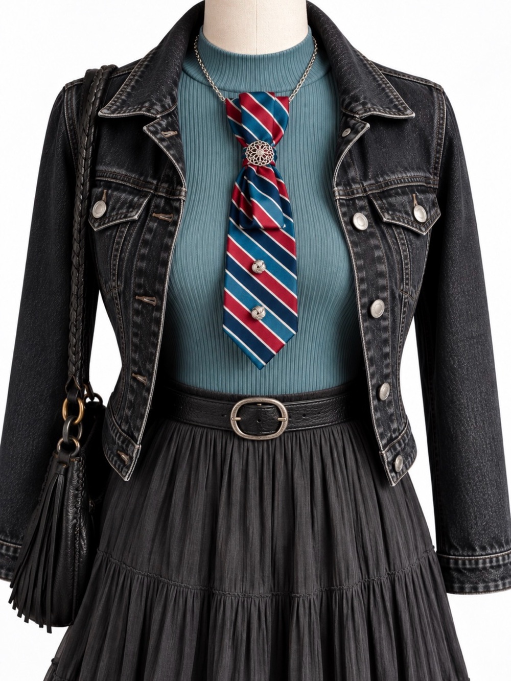 Upcycled Necktie Necklace Vintage Sarah Coventry Chain Preppy Striped OOAK